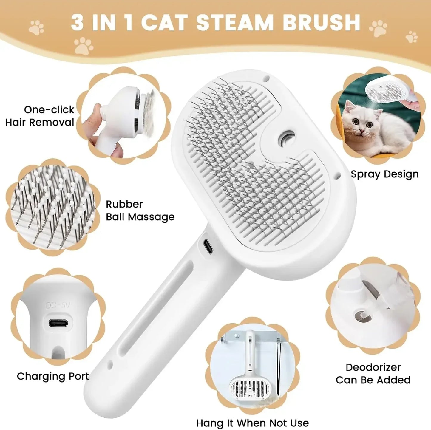 3-in-1 Pet Steam Grooming Comb | Hair Removal, Mist Spray &amp; Self-Cleaning Brush